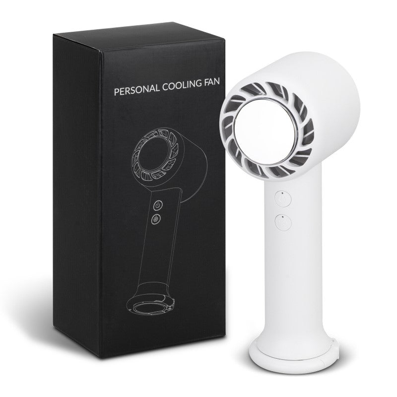 High-performance personal cooling fan with three speeds, cooling plate, rechargeable battery, and carabiner for easy transport.