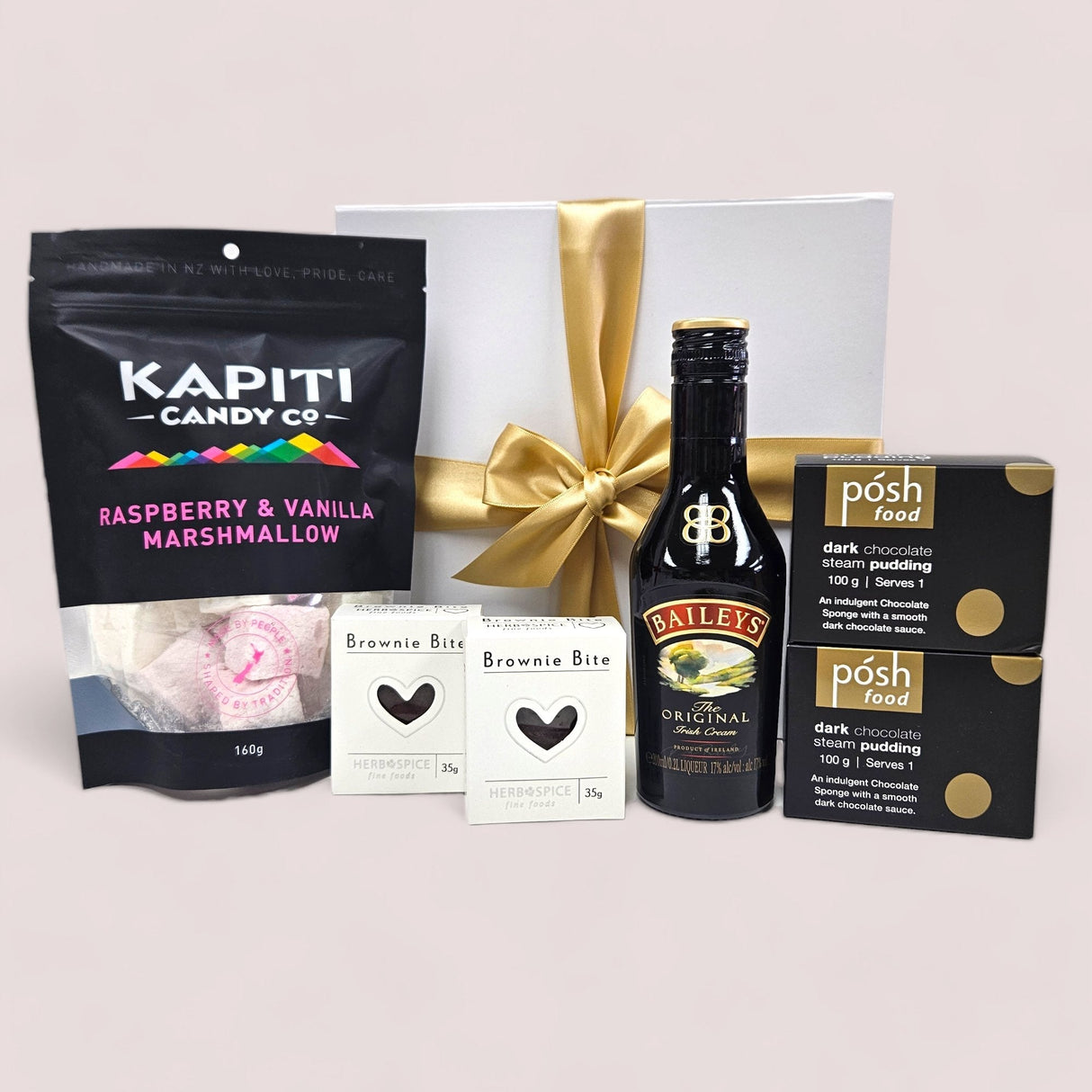 Luxurious Dessert Gift Box featuring gourmet treats like Baileys, marshmallows, brownies, and dark chocolate pudding.