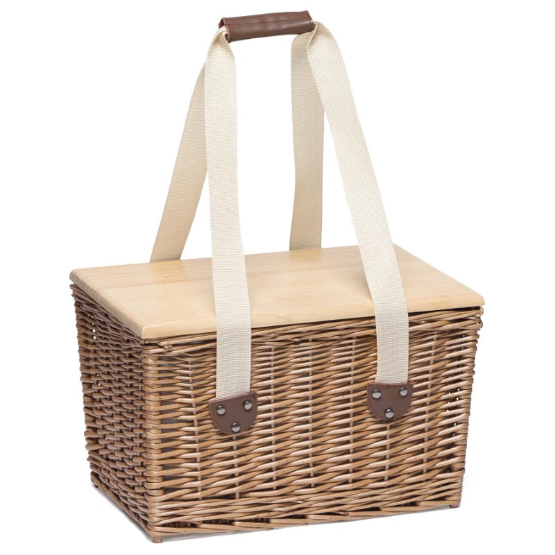 Wicker picnic basket with cooler, pine lid serving board, insulated compartment, leather details, and webbing handles.