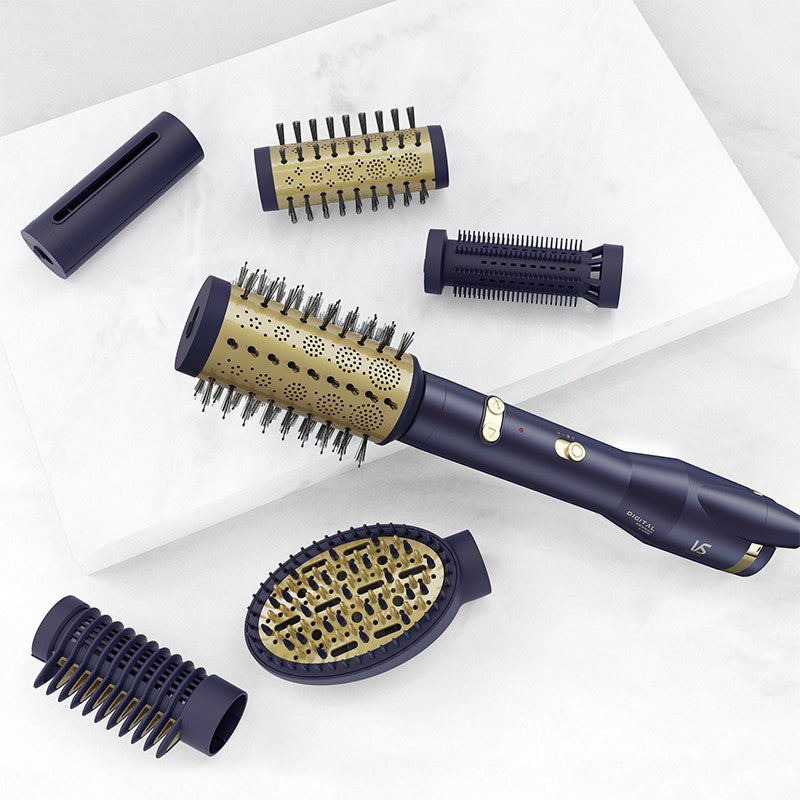6-in-1 Hair Styler with 6 attachments for versatile styling, featuring motorized brushes, intelligent heat control, and ionic conditioning.
