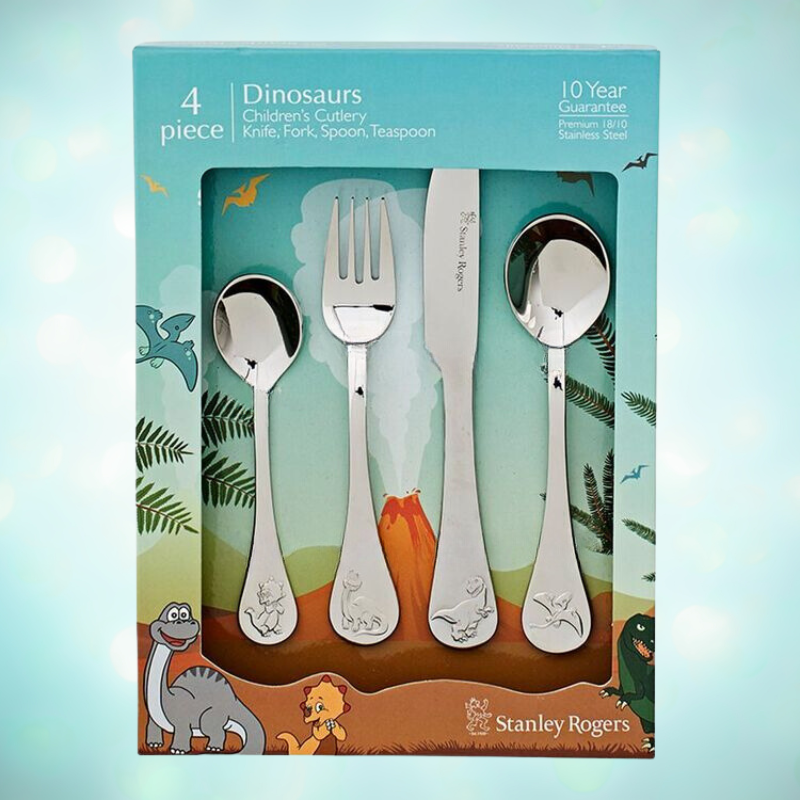 Children's dinosaur-themed cutlery set with unique designs, including fork, knife, and spoons for fun mealtime adventures.