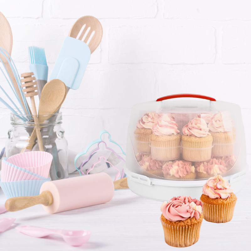 Cupcake and round cake carrier holds 16 cupcakes or 25cm cakes with removable tiers, locking tabs, and easy-grip handle.