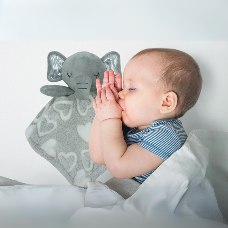 Ultra-soft grey elephant cuddle blanket, 38x36cm, perfect for snuggles and gentle on baby's sensitive skin.