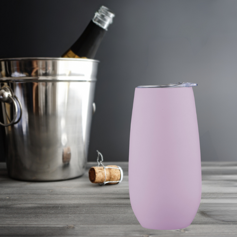 Pink double wall insulated champagne tumbler (180ml) with lid; maintains beverage temperature, stylish and perfect for outdoor use.