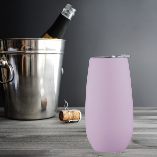 Pink double wall insulated champagne tumbler (180ml) with lid; maintains beverage temperature, stylish and perfect for outdoor use.