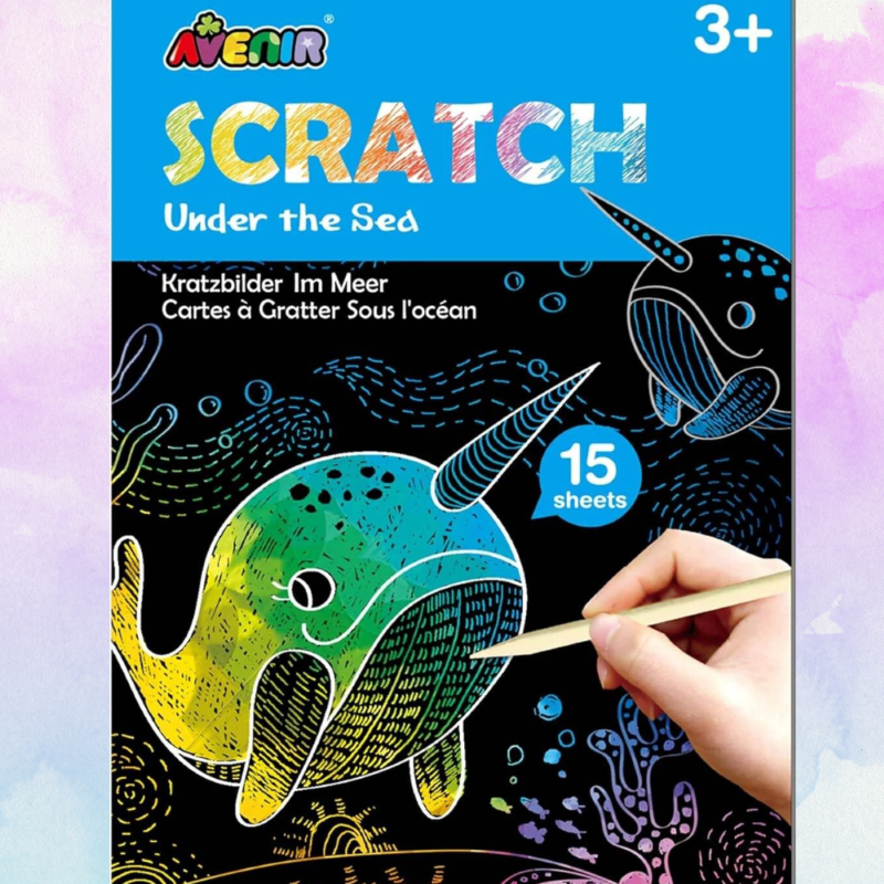 Scratch Book Under the Sea featuring 15 enchanting scratch pages for creative ocean-themed art with vibrant color reveals.