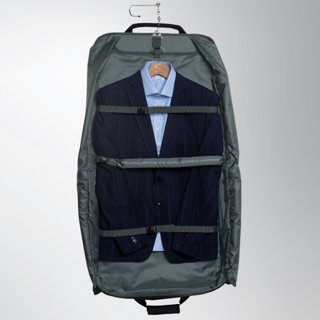 Travel garment bag with secure hanger, zip-around compartment, and multiple pouches for organizing clothes and accessories.