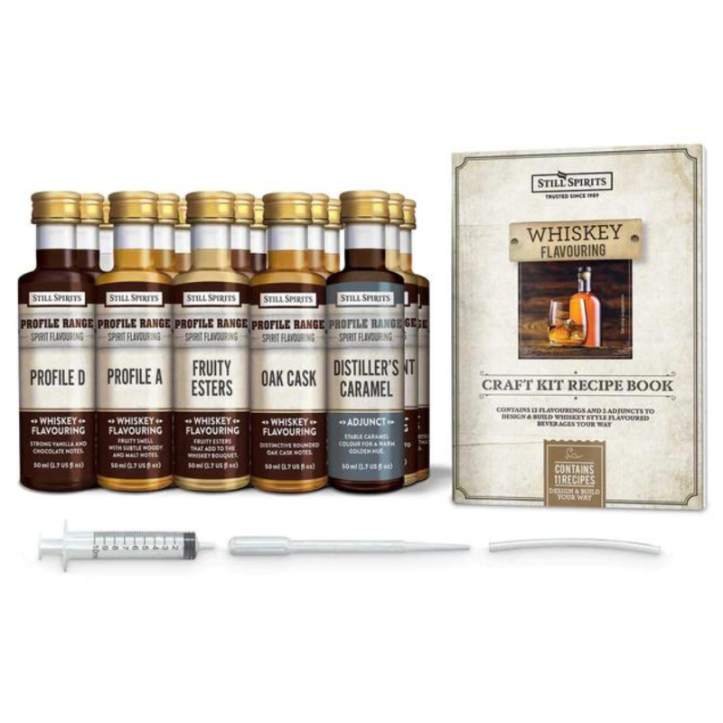 Whisky Craft Kit with flavorings and tools for creating personalized whiskey-style beverages at home.