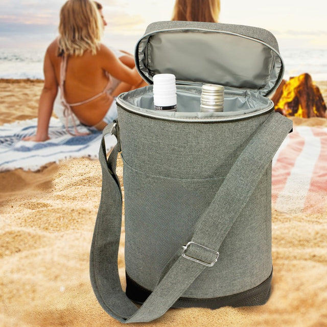 BYO 2 Bottle Wine Cooler with carry handles, featuring thick insulation and stylish poly-canvas for perfect wine transport.
