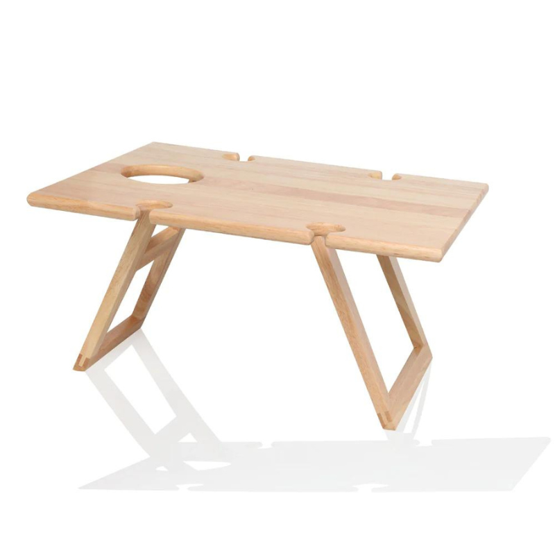 Compact Travel Picnic Table for outdoor dining, holds wine and glasses, folds flat for easy transport and storage.