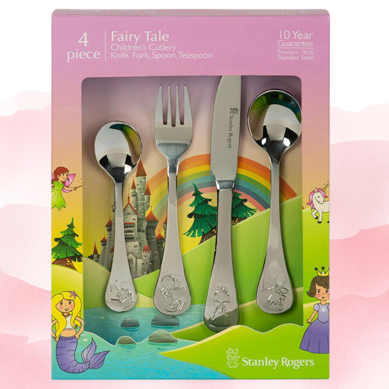 Fairy Tale kids cutlery set featuring princess, mermaid, fairy, and unicorn designs, perfect for small hands and fun mealtimes.
