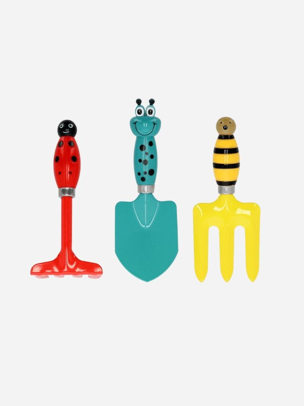 Vibrant 3-piece kids garden tool set featuring a bumblebee fork, bug trowel, and ladybug digging fork for little gardeners.