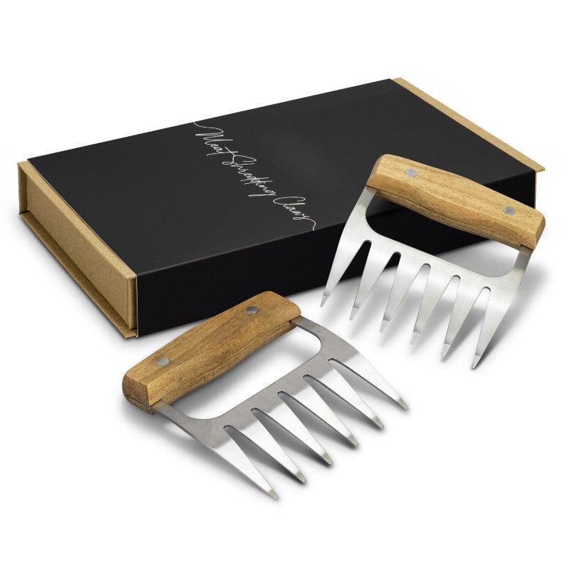 Robust meat shredding claws with Acacia wooden handles and stainless steel claws, ideal for effortless shredding and gift giving.