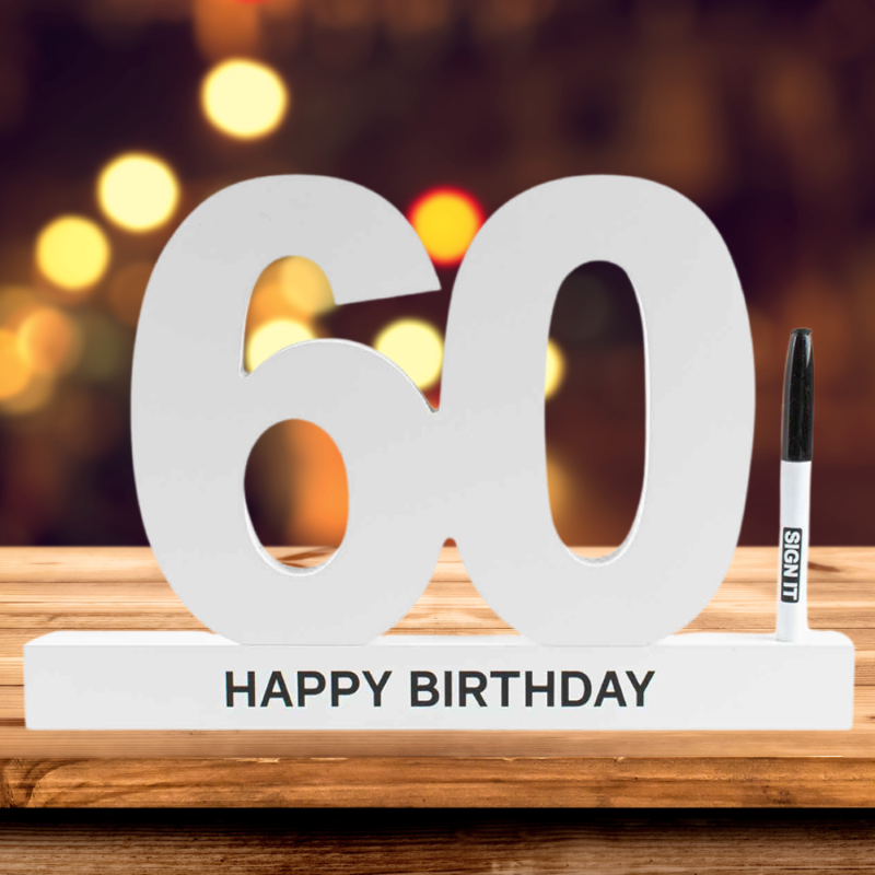 Elegant 60th Birthday Signature Block for heartfelt messages, includes signature number and pen set, perfect keepsake.