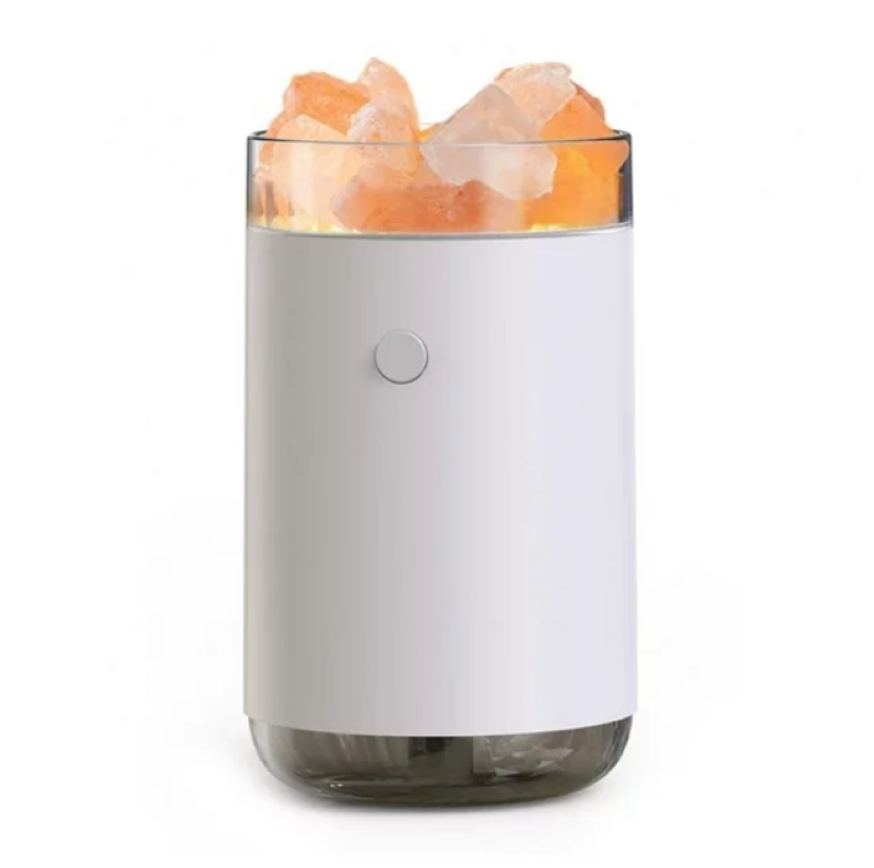 Aromatherapy diffuser with Himalayan salt crystals, featuring LED mood lights, humidification, and essential oil diffusion.