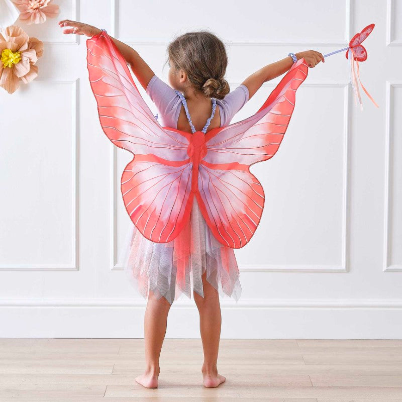 Vibrant red and lilac butterfly wings for kids, featuring satin straps, perfect for imaginative play and dress-up adventures.