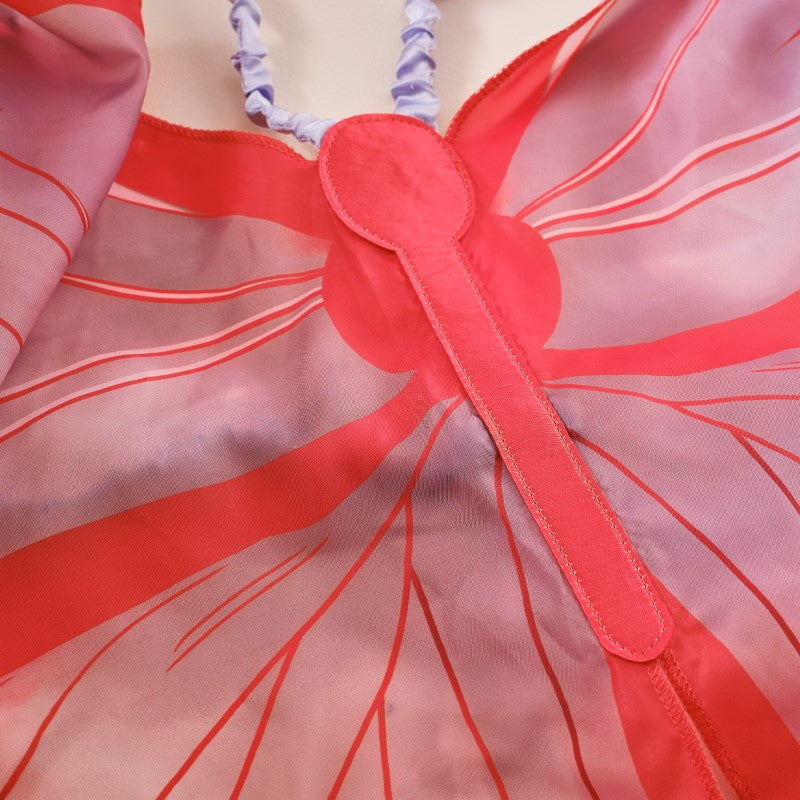 Vibrant red and lilac butterfly wings for kids, featuring soft satin straps for comfortable dress-up and imaginative play.