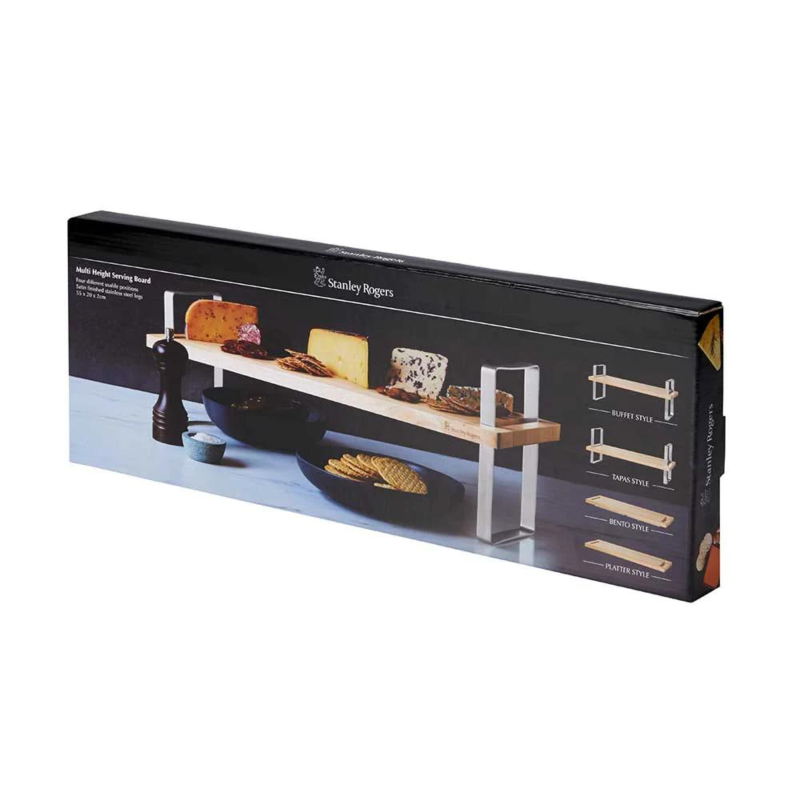 Adjustable multi-height serving board with sleek stainless steel legs for elegant food presentation and effortless gatherings.