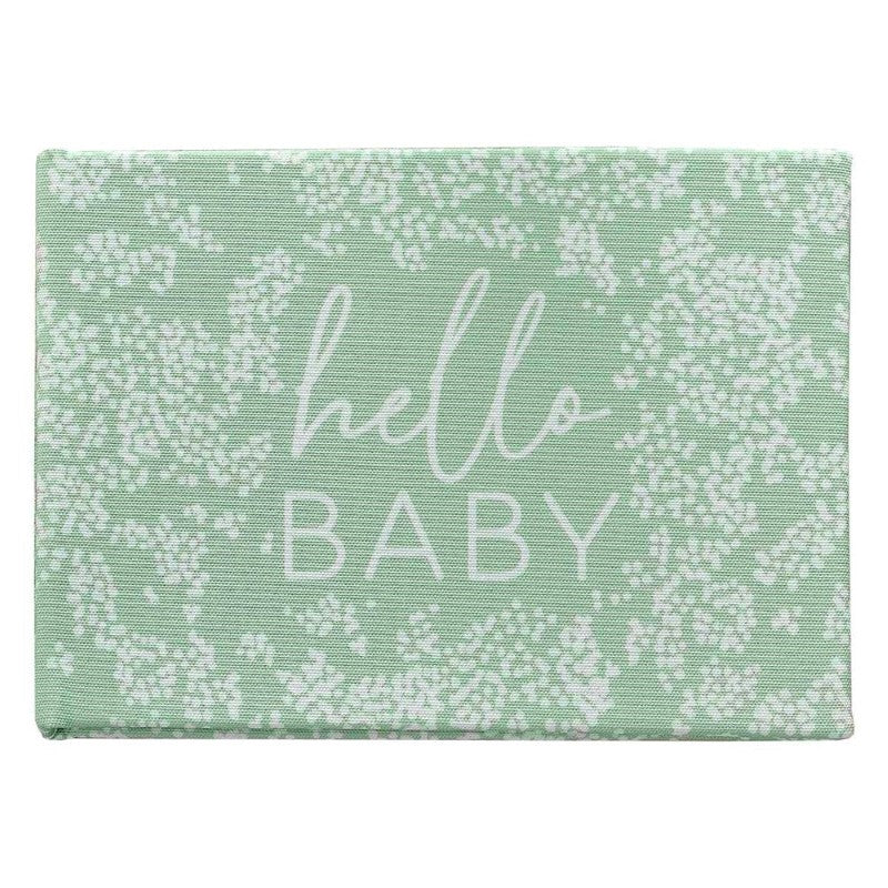 Elegant linen baby photo album featuring 'Hello Baby' design, perfect for photos and guest messages at baby showers.