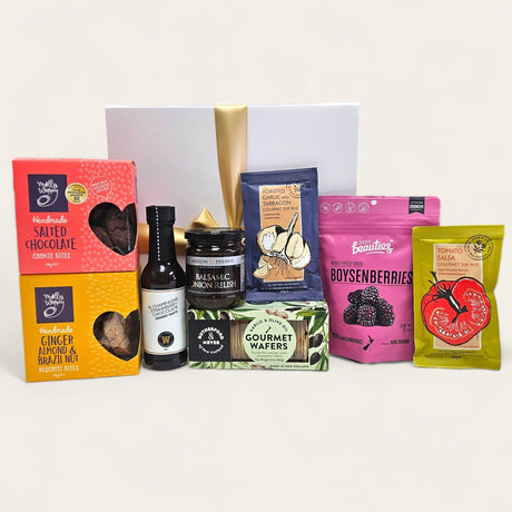 Elegant Foodie Deluxe Gift Box featuring gourmet treats, dips, and desserts ideal for food enthusiasts on any occasion.