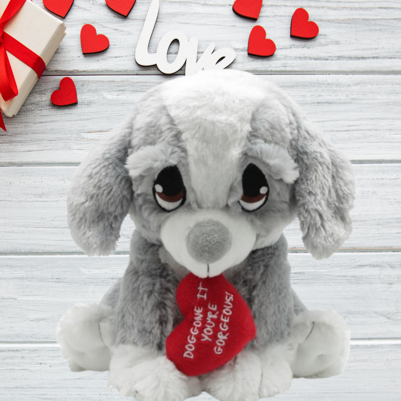 Cuddly grey plush dog with heart print saying "Doggone It You're Gorgeous," perfect gift for dog lovers and children.
