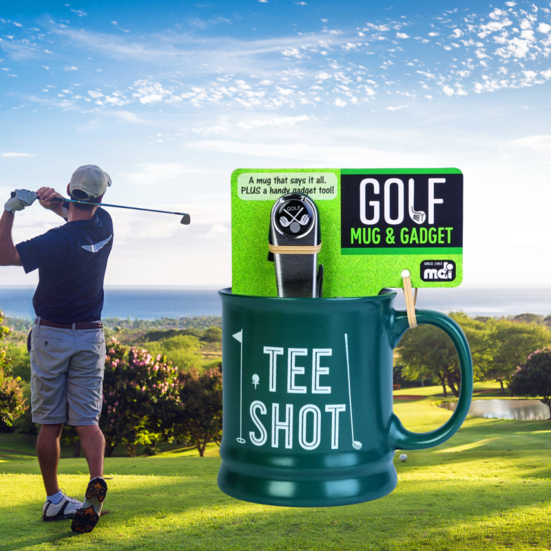 Golf mug with integrated tools for cleaning, scoring, and ball marking, presented in a colorful gift box.