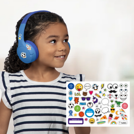 Wireless Kids Headphones Soundfoam with volume limit, 30-hour battery, durable design, and customizable stickers for personalization.