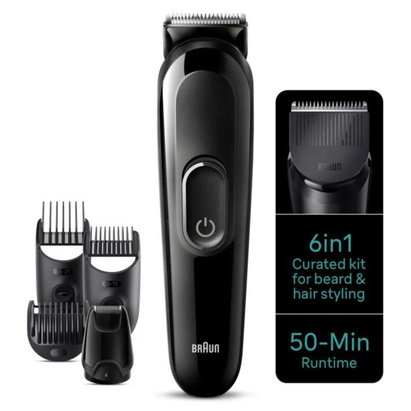Braun 6-in-1 Grooming Kit with adjustable combs, mini shaver, and rechargeable battery for precise beard and hair trimming.