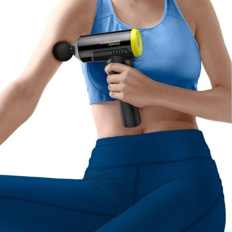 Kinetic Percussive Massage Gun providing deep tissue relief with 50 percussions per second and customizable speed settings.