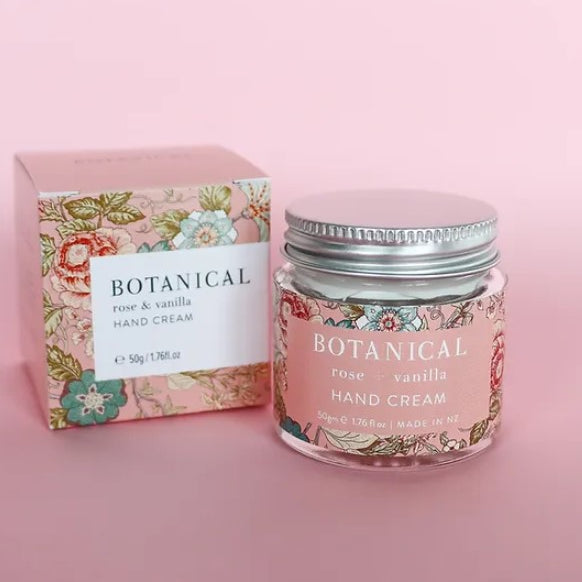 Luxurious Botanical Rose & Vanilla Hand Cream in a 50g tube, enriched with Pro Vitamin B5 and Vitamin E for soft, protected hands.