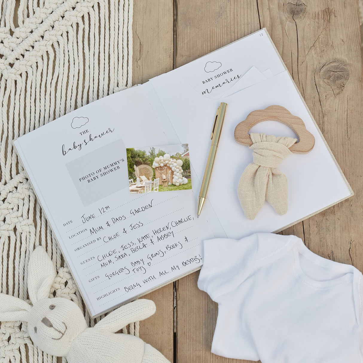 Charming linen baby journal for capturing milestones and guest messages, perfect for new parents and baby showers.