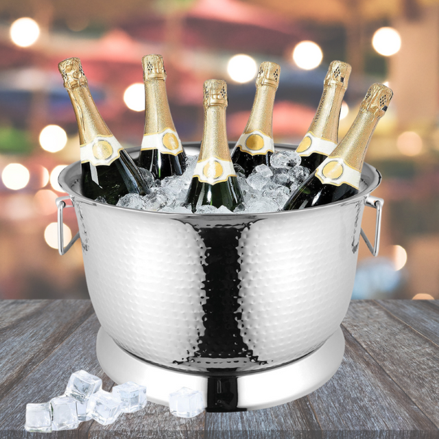 Elegant double wall stainless steel party tub with hammered finish, perfect for keeping drinks chilled at gatherings.