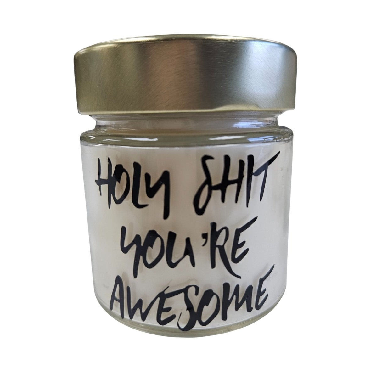 "Handcrafted 'Holy Shit You're Awesome' Candle with black raspberry and vanilla scents, perfect for gifts and cozy atmospheres."