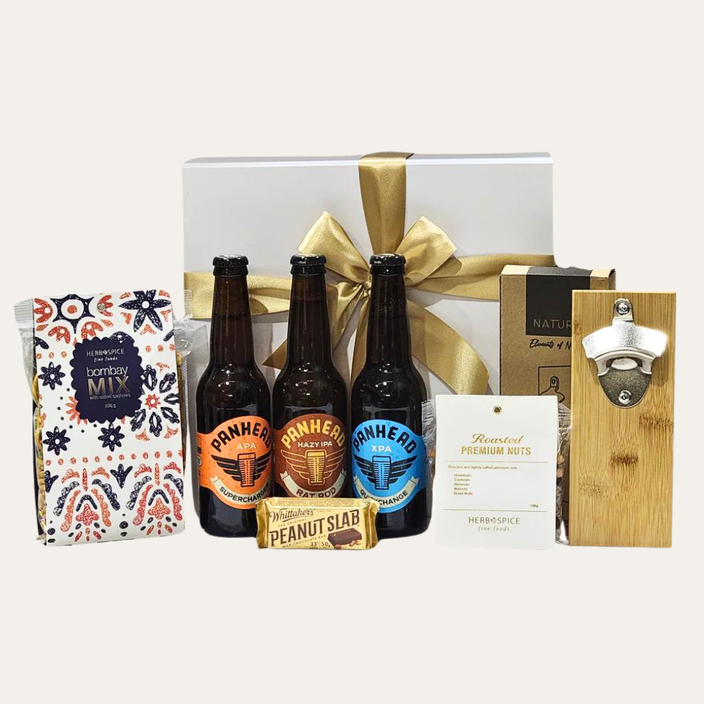 Gift box featuring drinks, snacks, and a fridge bottle opener for an ideal happy hour experience with friends or family.