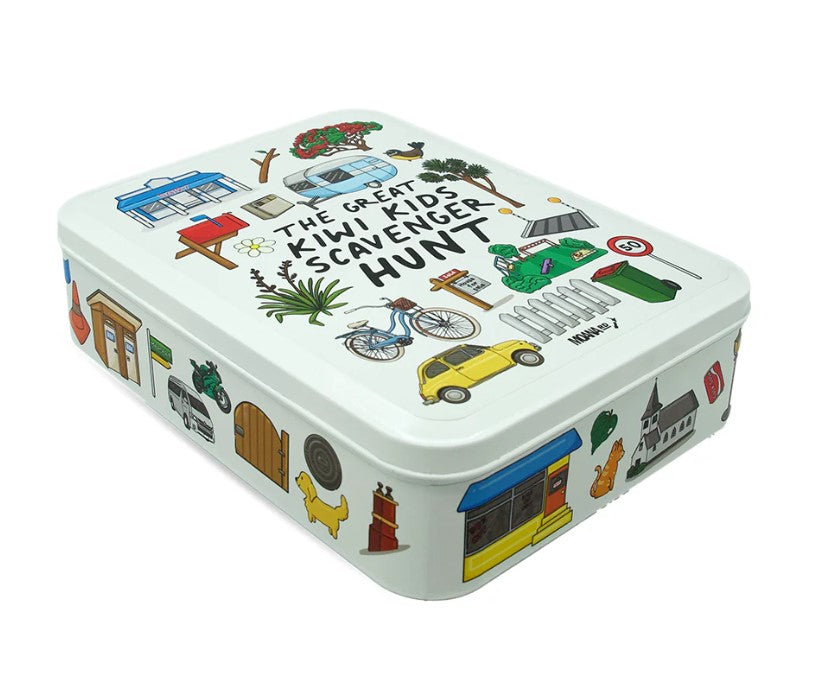 Vibrant Kiwi Kids Scavenger Hunt Game in a stylish tin, featuring erasable cards for fun outdoor exploration.
