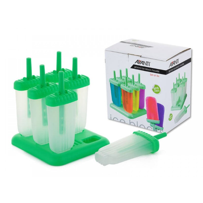 Avanti Groovy Ice Block Mould Set with six BPA-free silicone molds and green handles for easy popsicle making.
