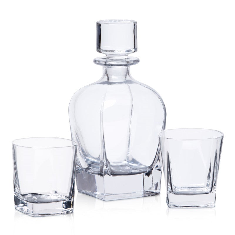 Whisky Decanter Set in lead-free crystal with geometric stopper, two thick-sided glasses, and a pine box, perfect for gifting.