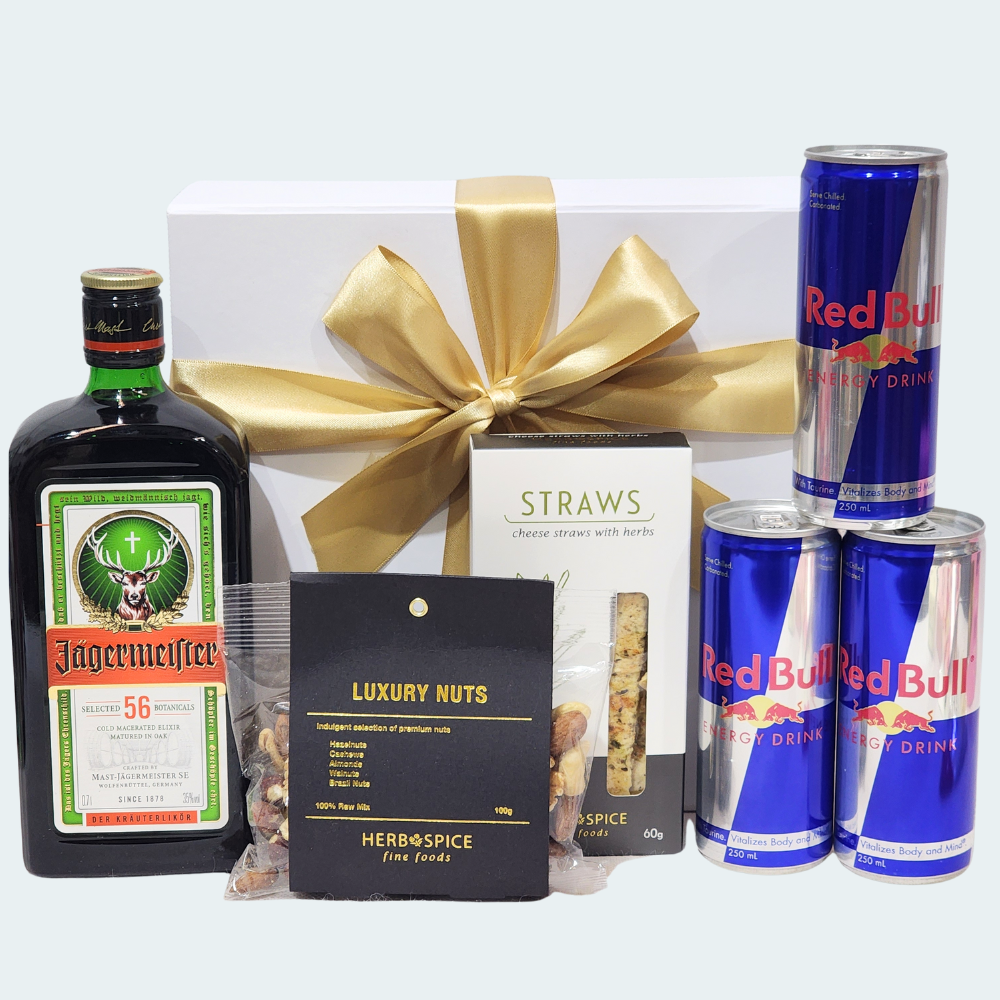 Jäger & Jolt Gift Box featuring Jägermeister, Red Bull, snacks in an elegant magnetic closure packaging.