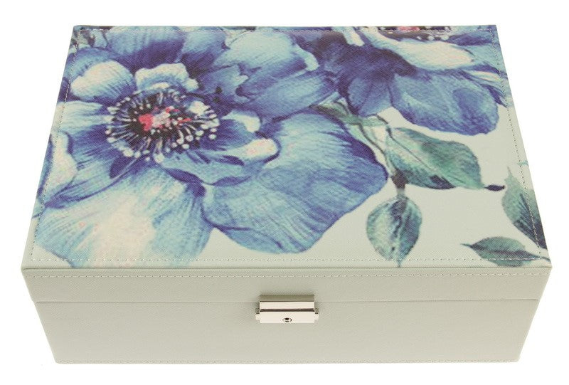 Elegant multi-compartment jewellery box with removable tray, internal mirror, and key for secure organization of accessories.