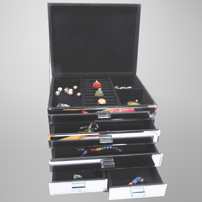 Elegant extra large glass mirror jewelry box with multiple compartments and drawers for organized jewelry storage.