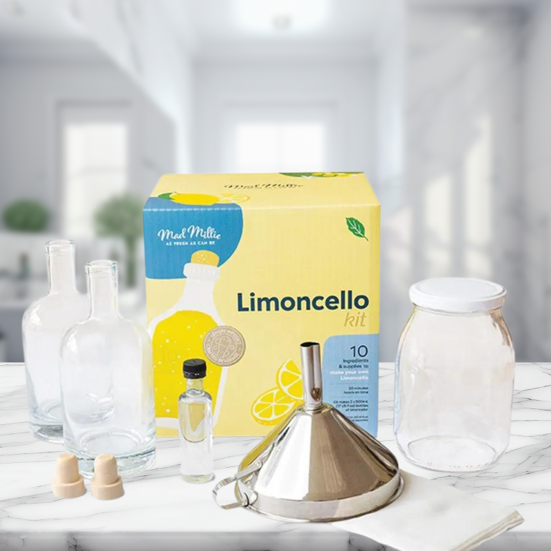Limoncello Making Kit with infusion jar, bottles, funnel, and natural flavor for crafting homemade limoncello effortlessly.