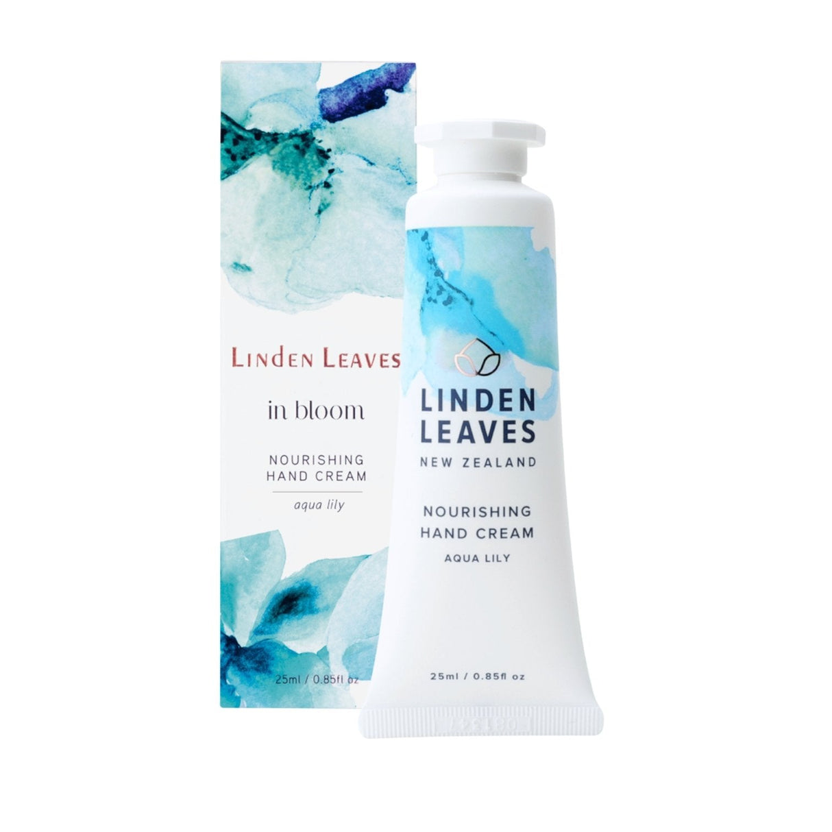 Aqua Lily Hand Cream from Linden Leaves in a 25ml tube, offering nourishing hydration with a fresh floral citrus scent.