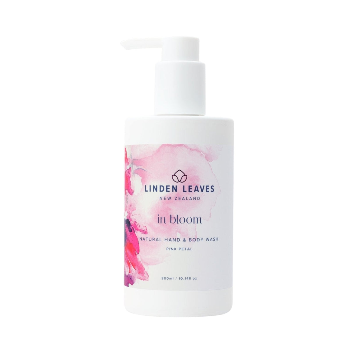 Linden Leaves Pink Petal Hand & Body Wash in a sleek bottle with floral scent, enriched with olive oil and chamomile for hydration.