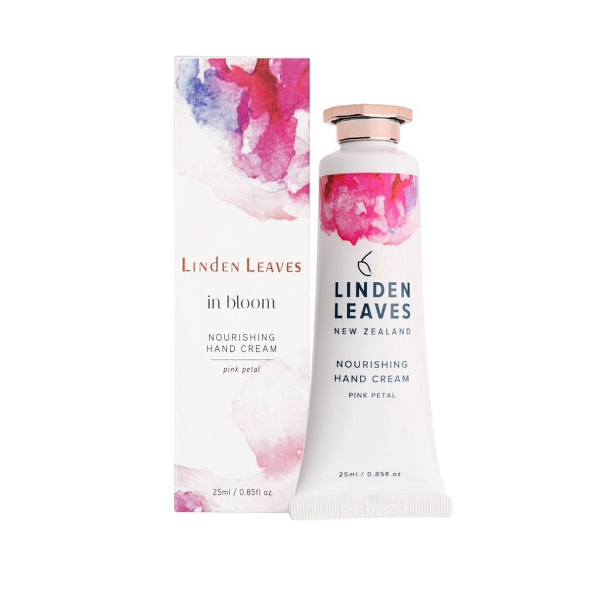 Linden Leaves Pink Petal Hand Cream in a 25ml tube, perfect for travel with nourishing ingredients and a floral scent.