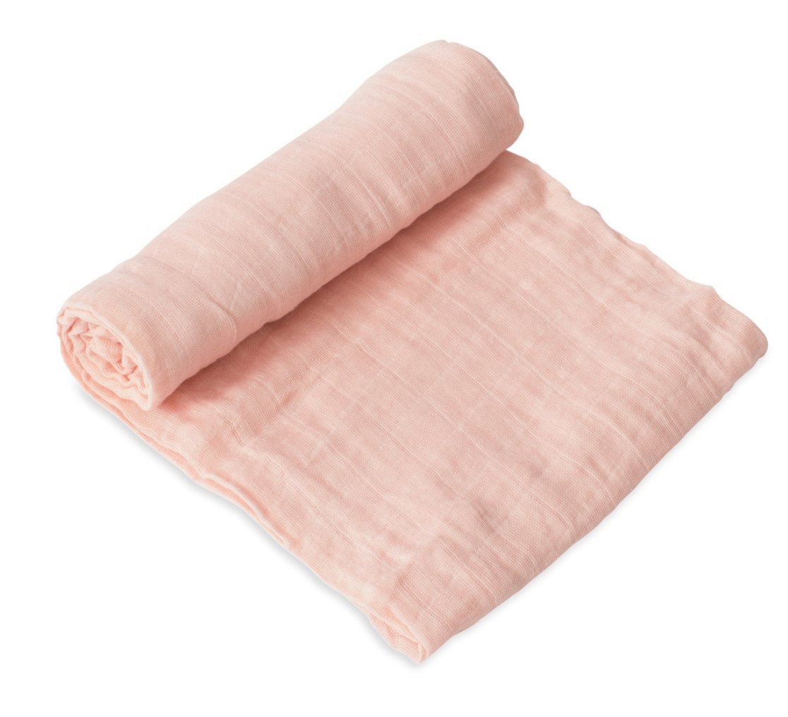 Lightweight and breathable cotton muslin swaddle in Rose Petal, ideal for securely wrapping infants 0-3 months.