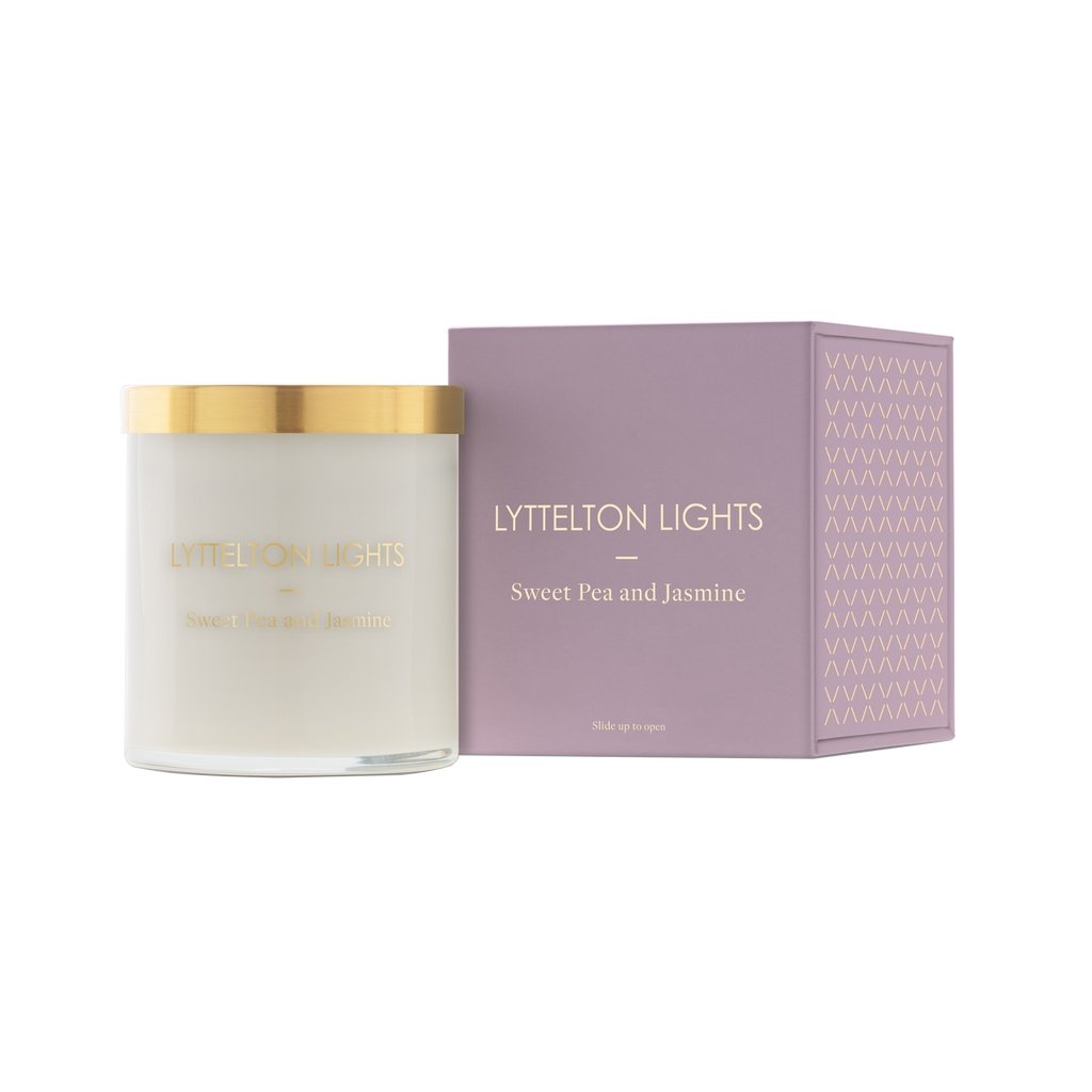 Lyttelton Lights Sweet Pea & Jasmine Candle, a natural soy wax candle with floral scents and a refreshing aroma.
