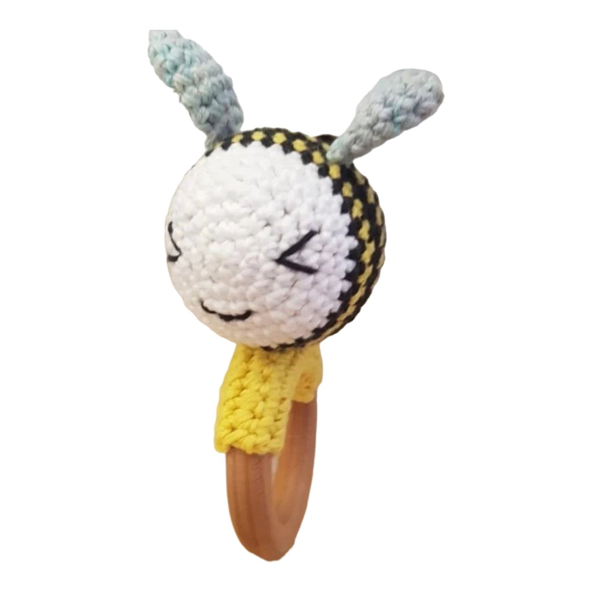 Adorable handmade bee rattle/teether with beechwood ring, 100% cotton, and rattle for sensory play and comfort.