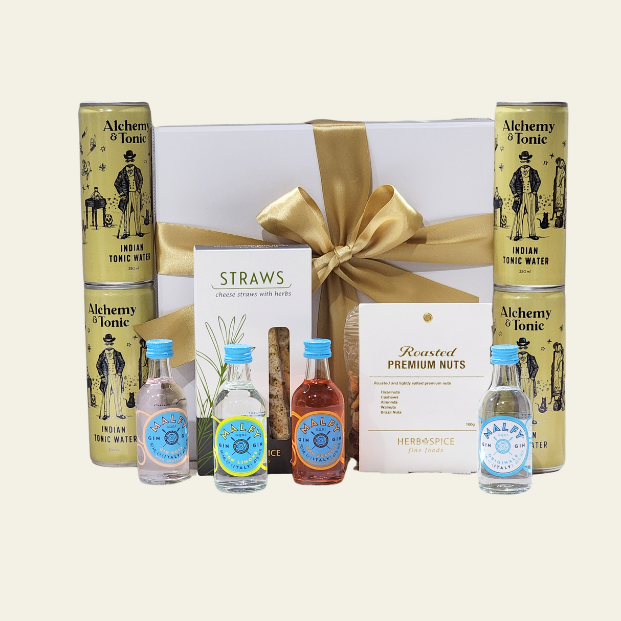 Elegant gift box featuring Malfy gin miniatures, tonic water, gourmet snacks, and stylish ribbon for gin enthusiasts.