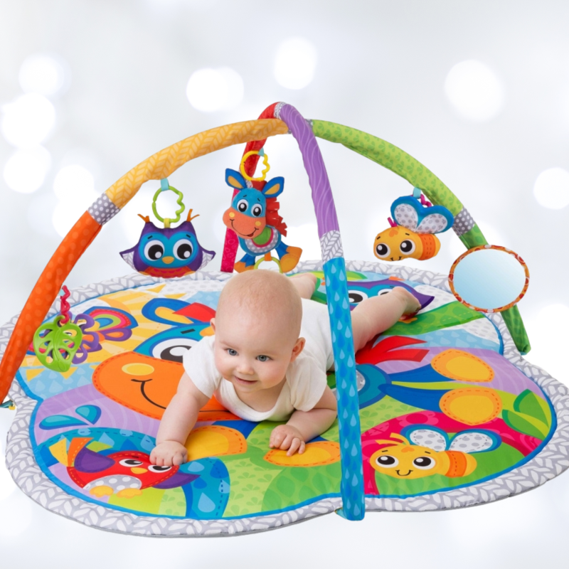 Colorful baby activity gym mat with detachable toys, mirror, and soft teether for sensory development and comfort.