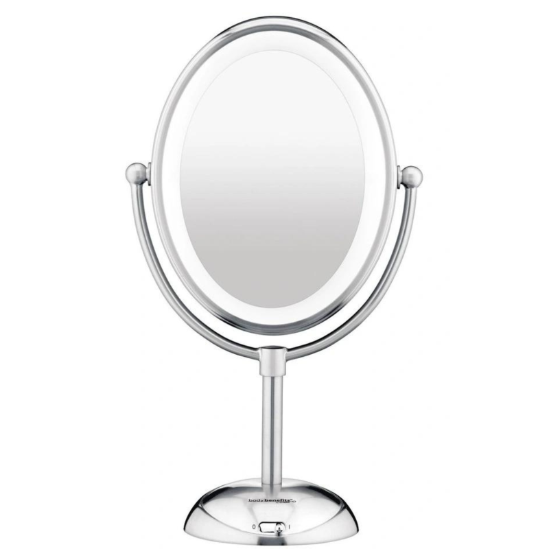 Elegant LED lighted mirror with 7x magnification for precise grooming and beauty routines, featuring a sleek double-sided design.